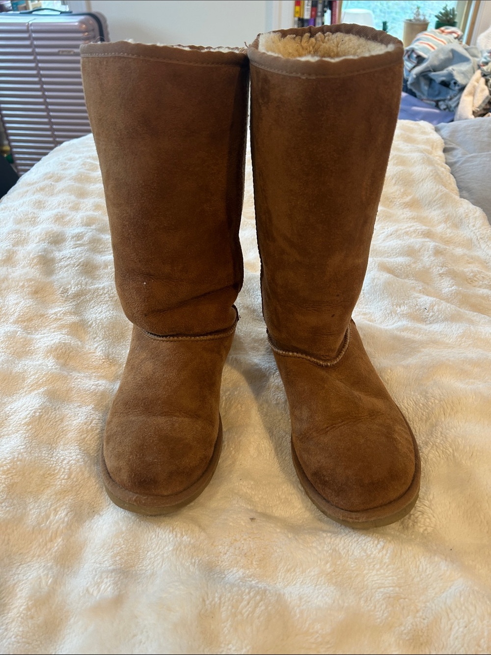 UGG Tall Shearling-Lined Suede Boots in Chestnut